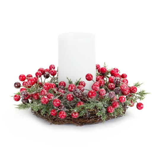 10.5&#x22; Frosted Red Berry &#x26; Pine Wreath &#x26; Candle Ring Set
